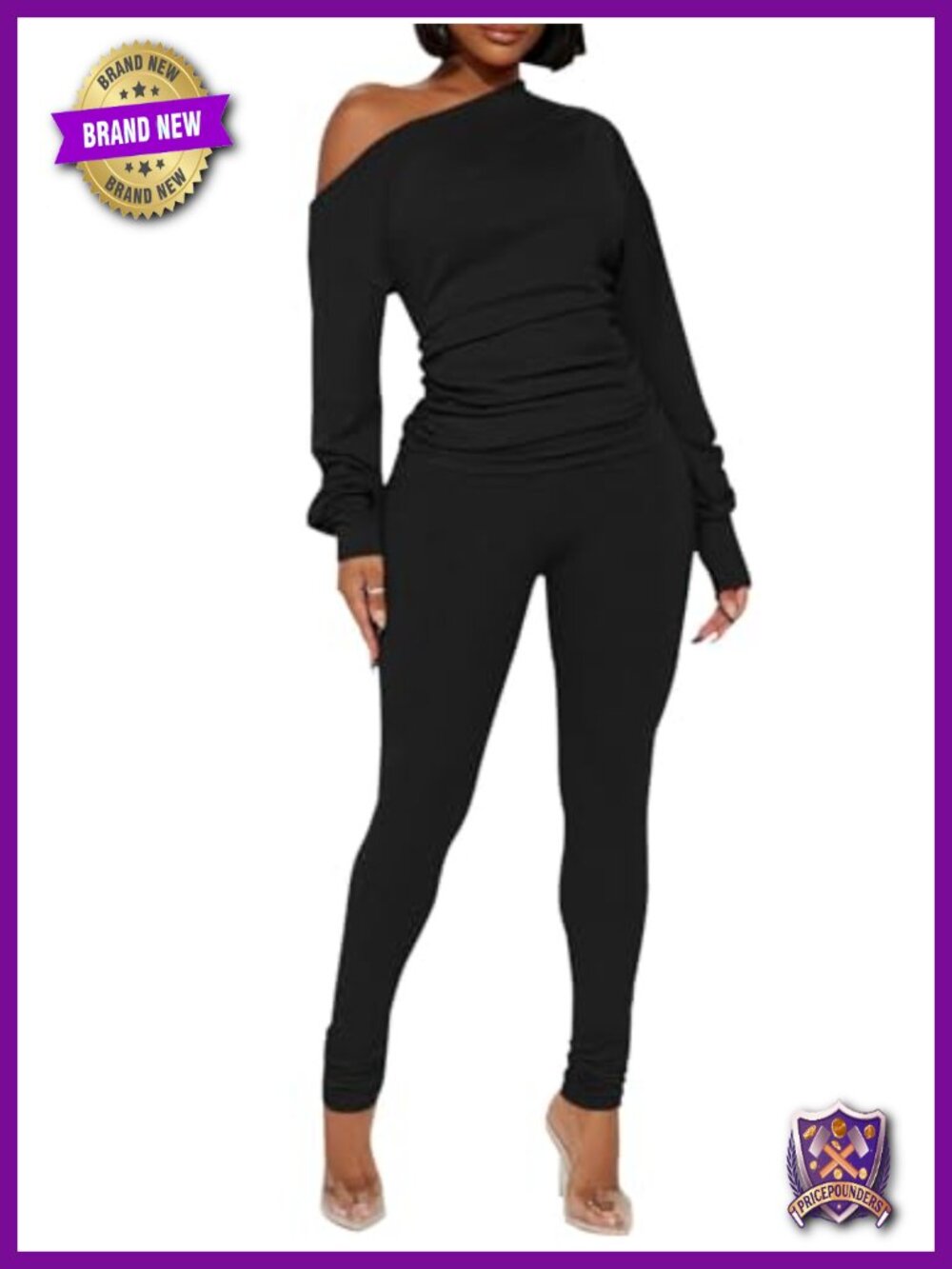 2 Piece Off Shoulder Top Ribbed Knit Pant Set Tracksuit Lounge Clubwear